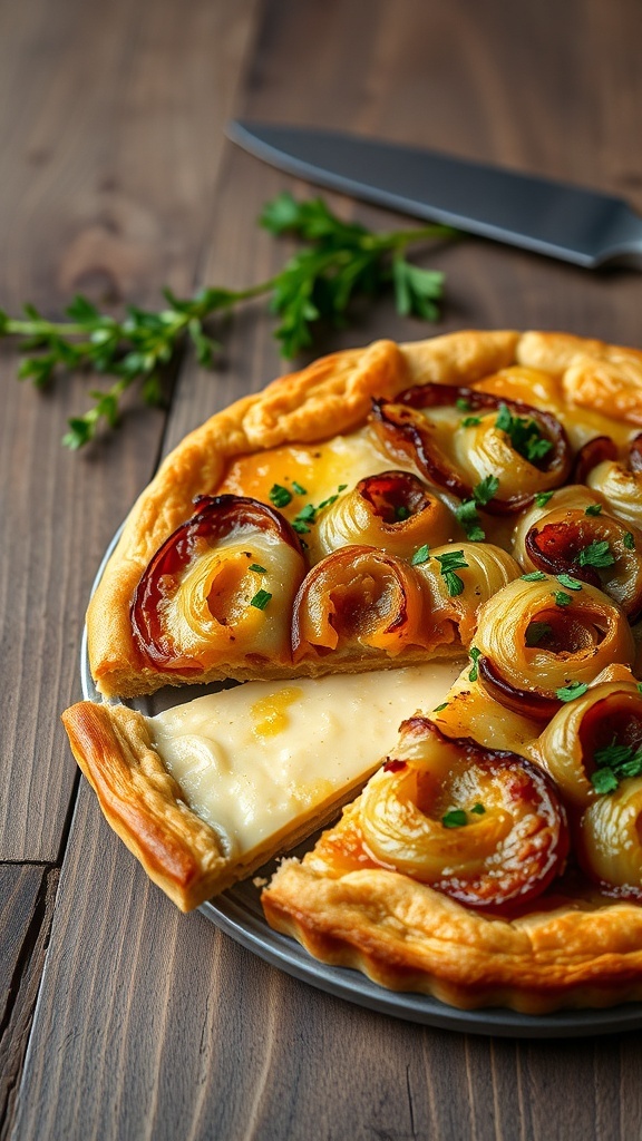 Savory Onion Tart Recipe A savory onion tart with caramelized onions and cheese on a wooden table, garnished with herbs.